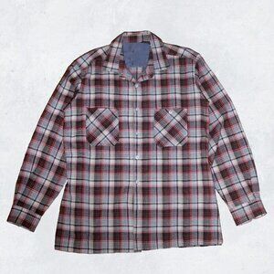 Vintage 60’s 70's Wool Blend Flannel Red Gray Tartan Plaid Shirt Size Medium